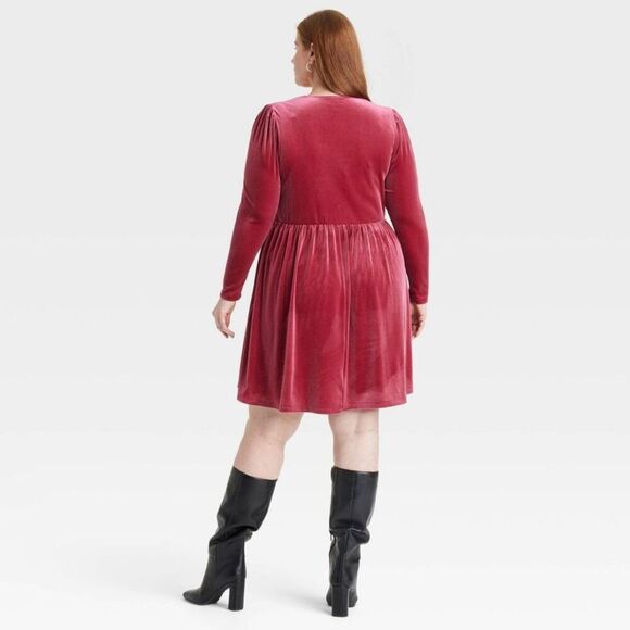 Open Box - Ava & Viv - Women's Long Sleeve Rosette Midi A-Line Dress - Av Red - Picture 2 of 3